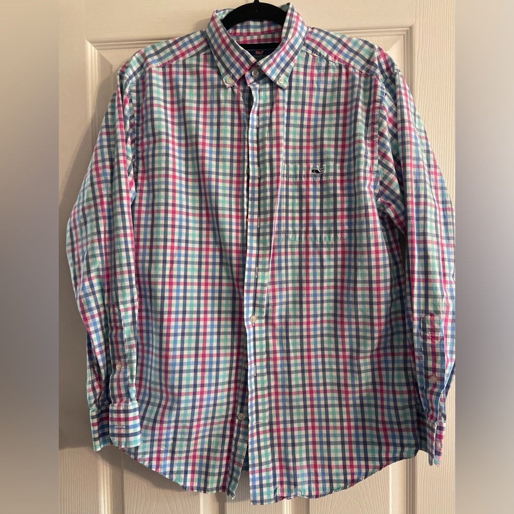 Vineyard Vines Mens Shirt Medium Bright Blue/Pink Plaid Classic Fit Whale Preppy